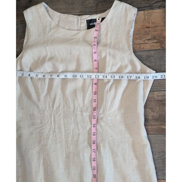 Sag Harbor Petite 14P Linen Sheath Dress Embroidered Eyelet Beige Tan Minimalist - Picture 6 of 8